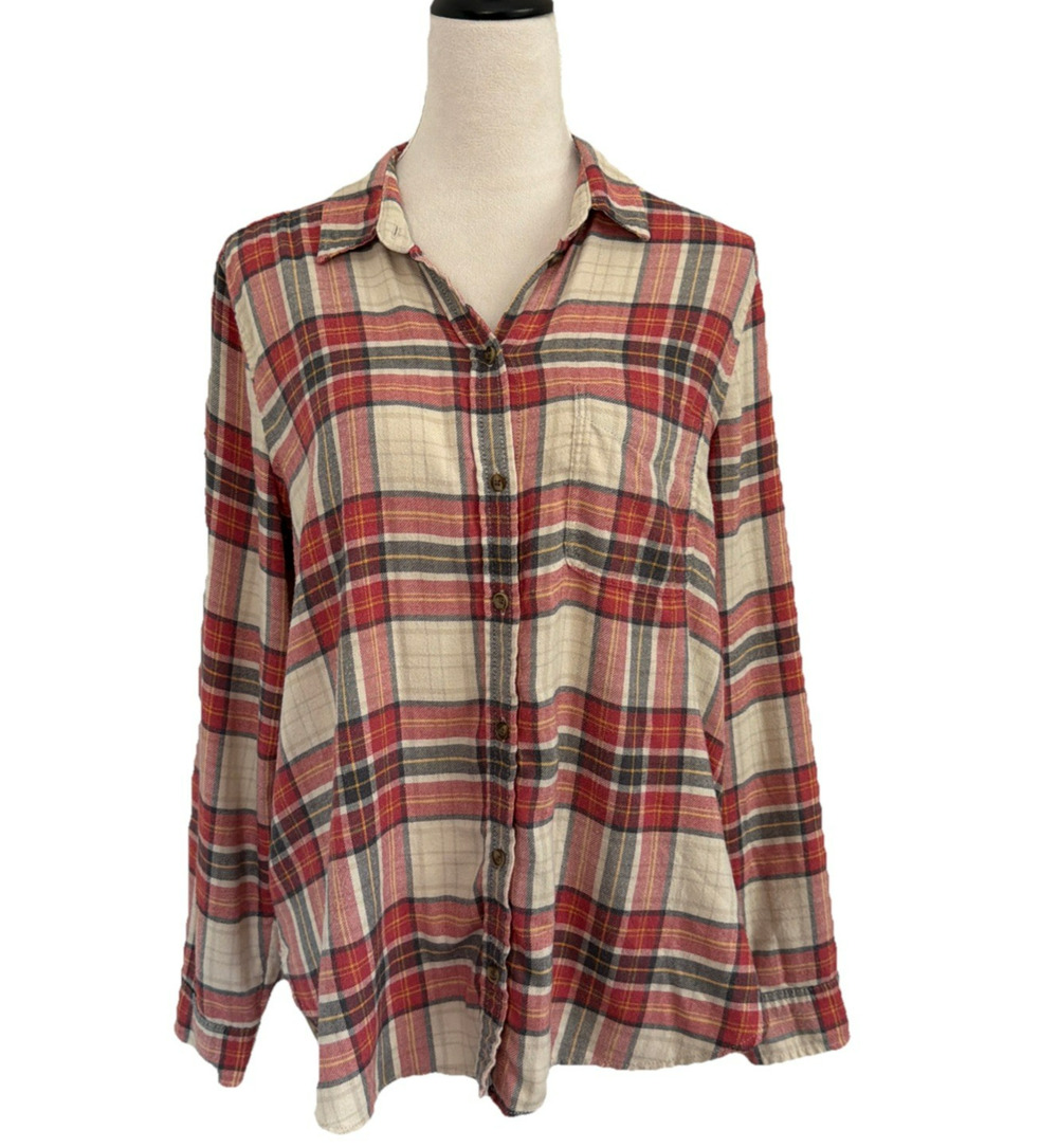 American Eagle Boyfriend Fit Shirt Womens Large Red Cream Plaid Casual Relaxed